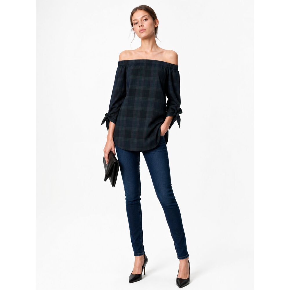 Off Shoulder Plaid Top Tie Sleeve Blouse Blue Green Tunic Chic Minimalist Tibi M
